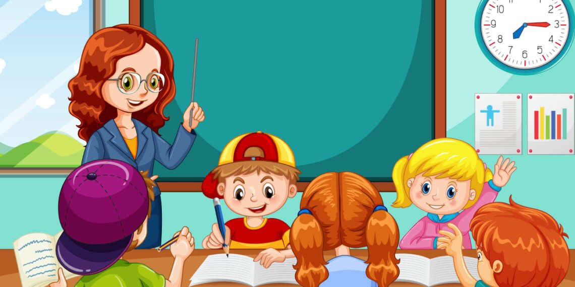 Maestra/docente dando una clase a niños en el aula (Imagen ilustrativa/FreePick/brgfx).