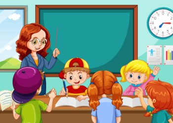 Maestra/docente dando una clase a niños en el aula (Imagen ilustrativa/FreePick/brgfx).